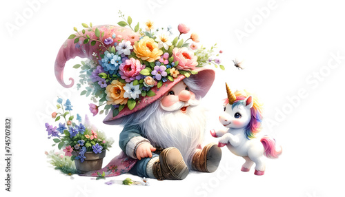 Watercolor gnome and unicorn on white background. © mangolovemom