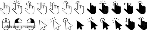 Computer mouse click cursor arrow vector icons set. Clicking cursor. Hand cursors icons click set. Pointer click icon. Loading icon on transparent background