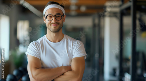 Skinny young man wearing glasses, white t shirt and a headband, funny geek standing in the modern gym room interior, exercise and workout healthy lifestyle, copy space, adult nerd male, indoors photo