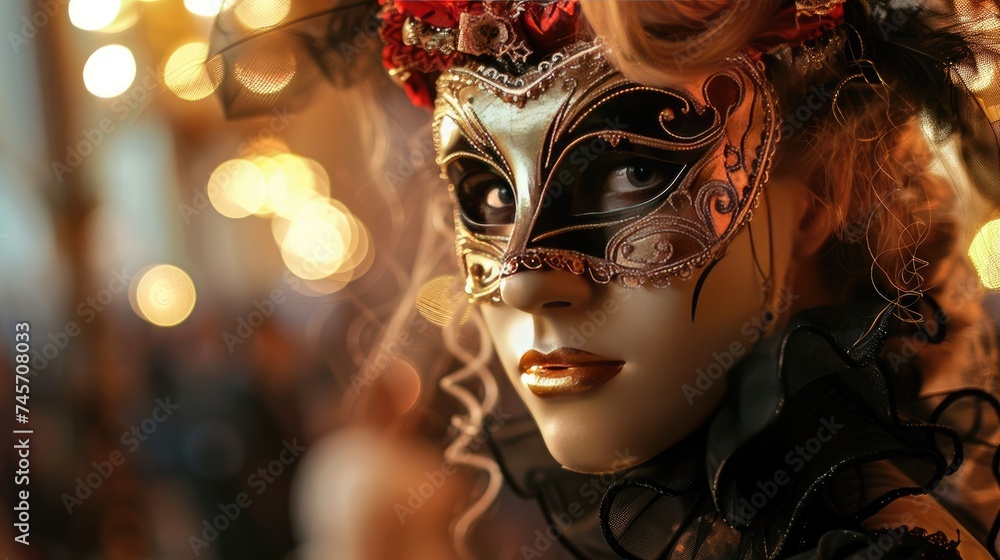 Masked ball. Everyone wears elegant evening clothes and their faces are covered with various masks during the evening. Generative AI