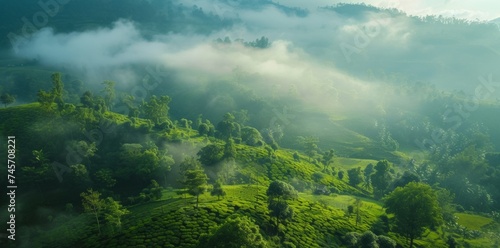 The beauty of misty mountains unfolds under the morning light in a tranquil setting