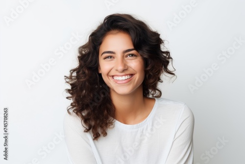 Portrait of beautiful young happy smiling woman, isolated on white background