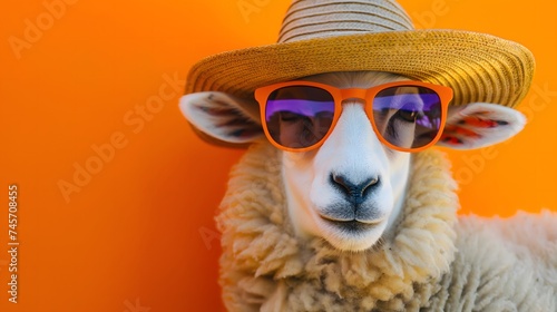 Cooles Schaf mit M  tze und Sonnenbrille vor orangenem Hintergrund