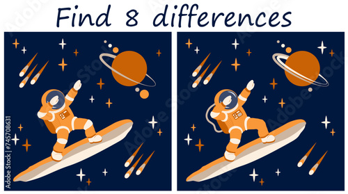 Logic puzzle game. Find 8 differences in space themed pictures with astronaut on interstellar asteroid. Vector illustration for children's development.