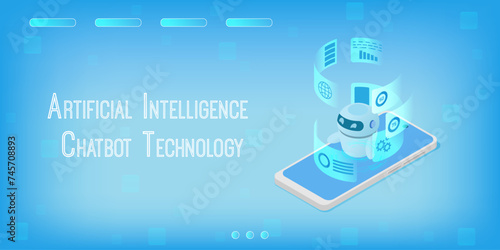 3D chatbot with a smartphone. Artificial intelligence. Isometric image of a robot with a smartphone