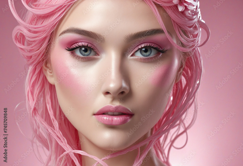3D Portrait Beauty fantasy woman face with liquid pink texture