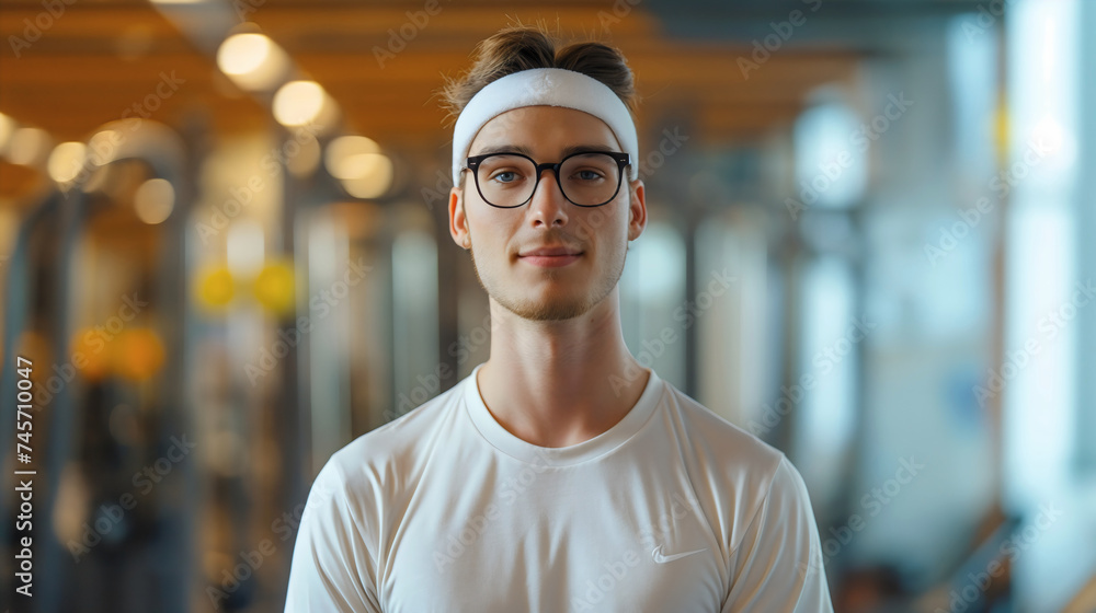 Skinny young man wearing glasses, white t shirt and a headband, funny geek standing in the modern gym room interior, exercise and workout healthy lifestyle, copy space, adult nerd male, indoors - obrazy, fototapety, plakaty 