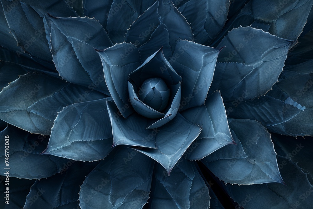 Obraz premium Discover the artistic beauty of a dark blue-toned agave cactus forming an abstract natural pattern