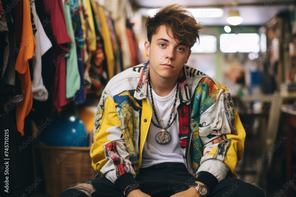 Handsome young man in a colorful jacket in a clothing store Handsome young man in a colorful jacket in a clothing store