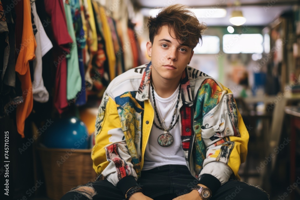 Handsome young man in a colorful jacket in a clothing store