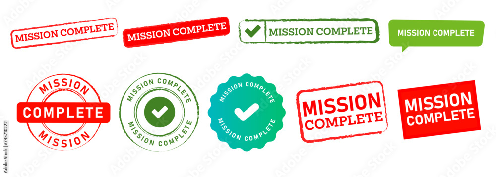 Εκτύπωση καμβά mission complete stamp seal emblem and speech bubble sign success done accomplis
