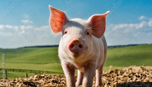 Young pink pig standing and looking at camera. Domestic animal. Farming concept.