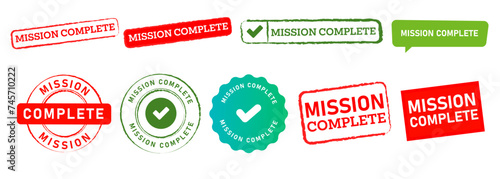 mission complete stamp seal emblem and speech bubble sign success done accomplish