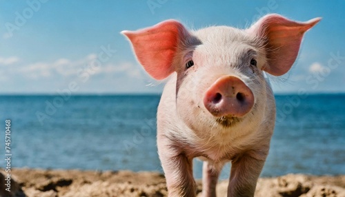 Young pink pig looking at camera. Domestic animal. Farming concept. Sea view