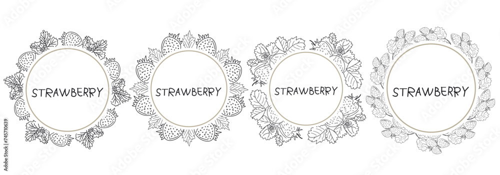 Vintage label with strawberries on white background in etching style. Vector illustration. Collection of fruits and vegetables for print and web.