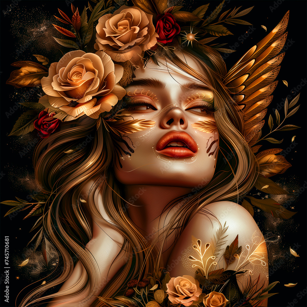 Portrait of a beautiful girl with flowers in her hair. Golden shades. Fantasy face tattoos.