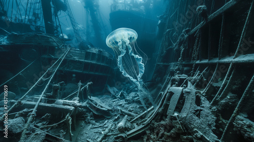 Jellyfish and Sunken Shipwreck