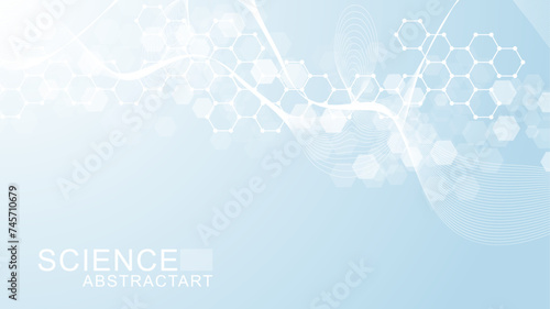 Modern scientific background with hexagons, lines and dots. Wave flow abstract background. Molecular structure for medical, technology, chemistry, science. Vector illustration
