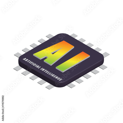 3d semiconductor chip with AI or artificial  intelligence text on it, vector illustration