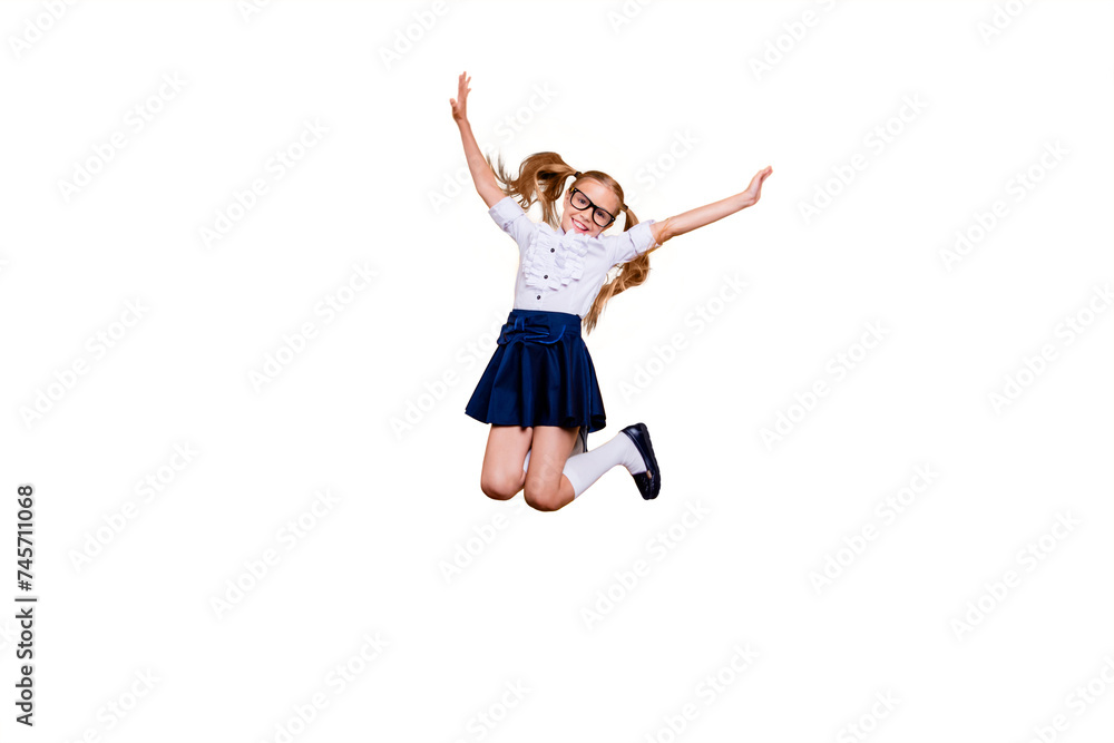 Rejoice delight enthusiasm positive laugh people person concept. Full length size studio photo of cheerful excited sweet cute clever optimistic jumping schoolchild gesturing hands isolated background Rejoice delight enthusiasm positive laugh people person concept. Full length size studio photo of cheerful excited sweet cute clever optimistic jumping schoolchild gesturing hands isolated background