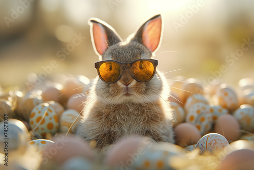 Easter bunny in sunglasses sitting surrounded easter eggs on the meadow