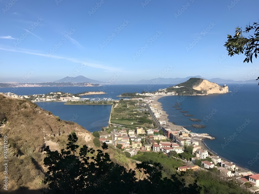 mountain view of the city on the shore of the lagoon near the Mediterranean Sea in Italy