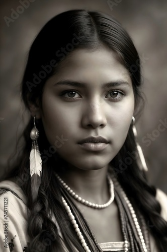 Vintage portrait of a native american woman wearing traditional feathered earrings and decorative clothing, black and white photo