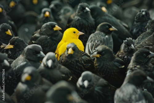 Sole Yellow Canary Amidst a Flock of Dark Pigeons. Concept of Being Different and Standing out. 