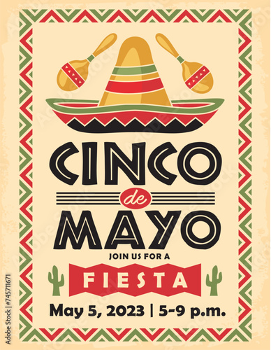 Cinco de Mayo retro poster design for street fiesta. Mexican holiday flyer template. Vector image.