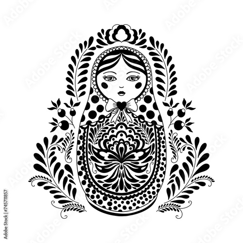 Traditional Russian nesting doll. Matryoshka Painted with floral patterns. Suitable doll for a coloring book, drawn in a linear style.