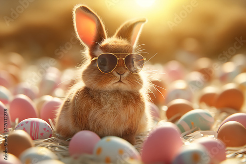 Easter bunny in sunglasses sitting surrounded easter eggs on the meadow