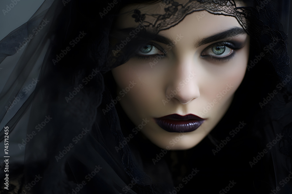 Face of beautiful mysterious gothic woman in black dress with veil Face of beautiful mysterious gothic woman in black dress with veil