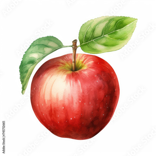 Watercolor Painting of an Apple With a Green Leaf