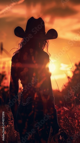 Cowgirl in Shadow with Sunset Background - Country Rock Woman Silhouette Cover Illustration Wallpaper created with Generative AI Technology