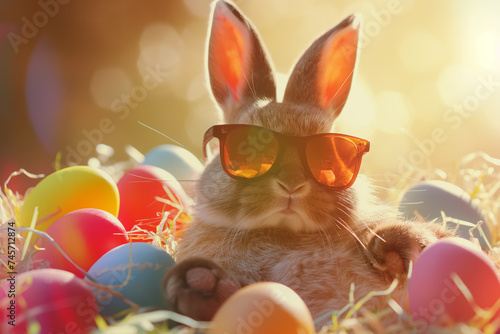 Easter bunny in sunglasses sitting surrounded easter eggs on the meadow