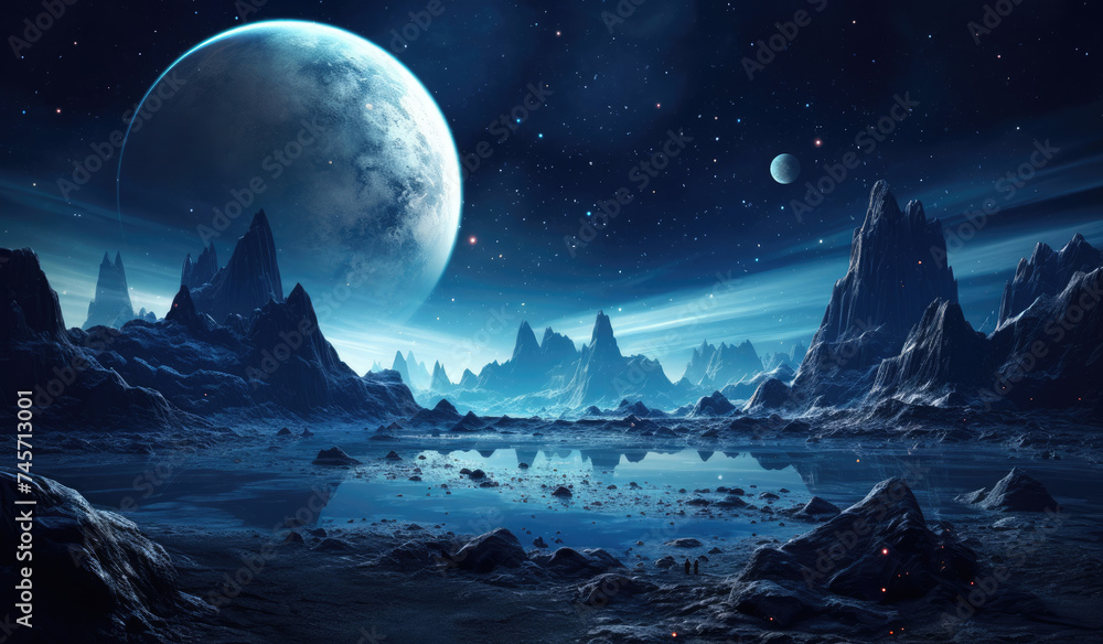 Alien Landscape With Mountains and Planets