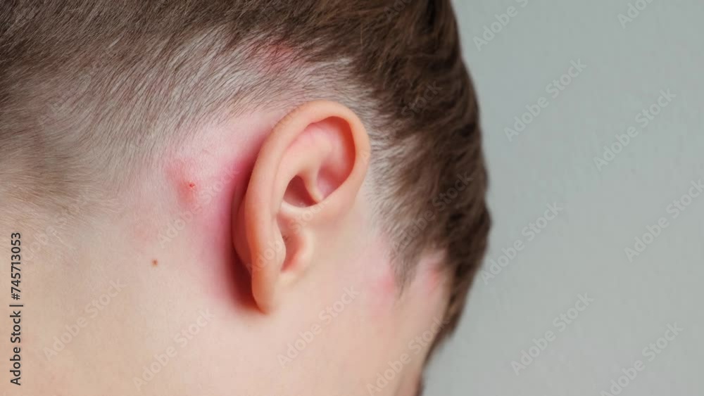 Concept of allergic reaction by mosquito bites. Ear close-up. Head of child with irritated swollen skin from insect bite. Body care. A strong itch Concept of allergic reaction by mosquito bites. Ear close-up. Head of child with irritated swollen skin from insect bite. Body care. A strong itch