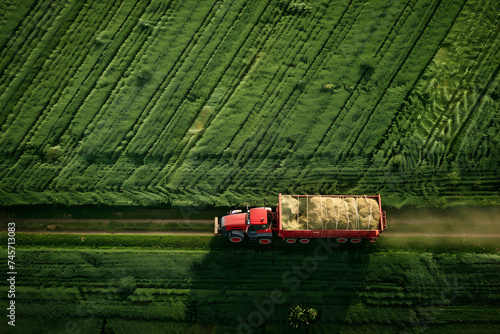 Traktor mit Anhänger, gefüllt mit Gras auf auf Wiese, Luftbild, Vogelperspektive, Landwirtschaft, erstellt mit generativer KI