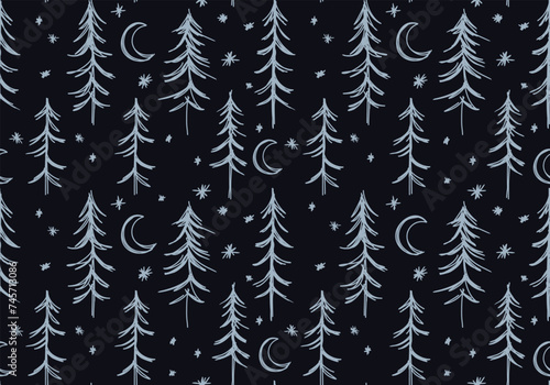 Seamless background with moon and night forest.