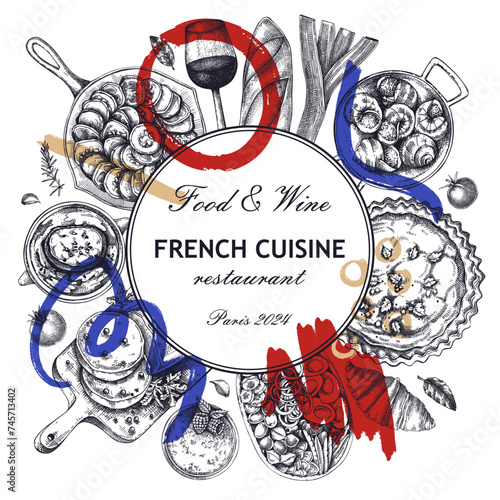 Collage-style French food wreath design. Trendy food and wine sketches. European restaurant menu template. France background. Hand-drawn vector illustration, NOT AI generated