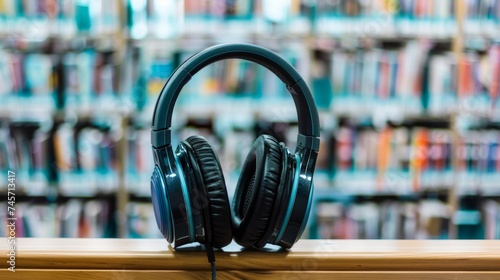A pair of black headphones resting on a wooden shelf, with a blurred library background.
