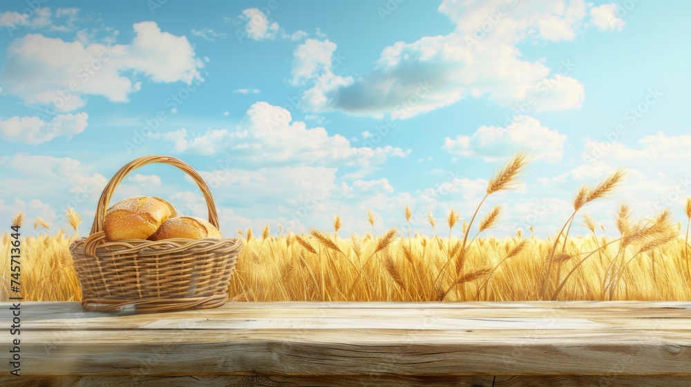 A rustic basket of fresh bread basking in the sunlight against a golden wheat field.