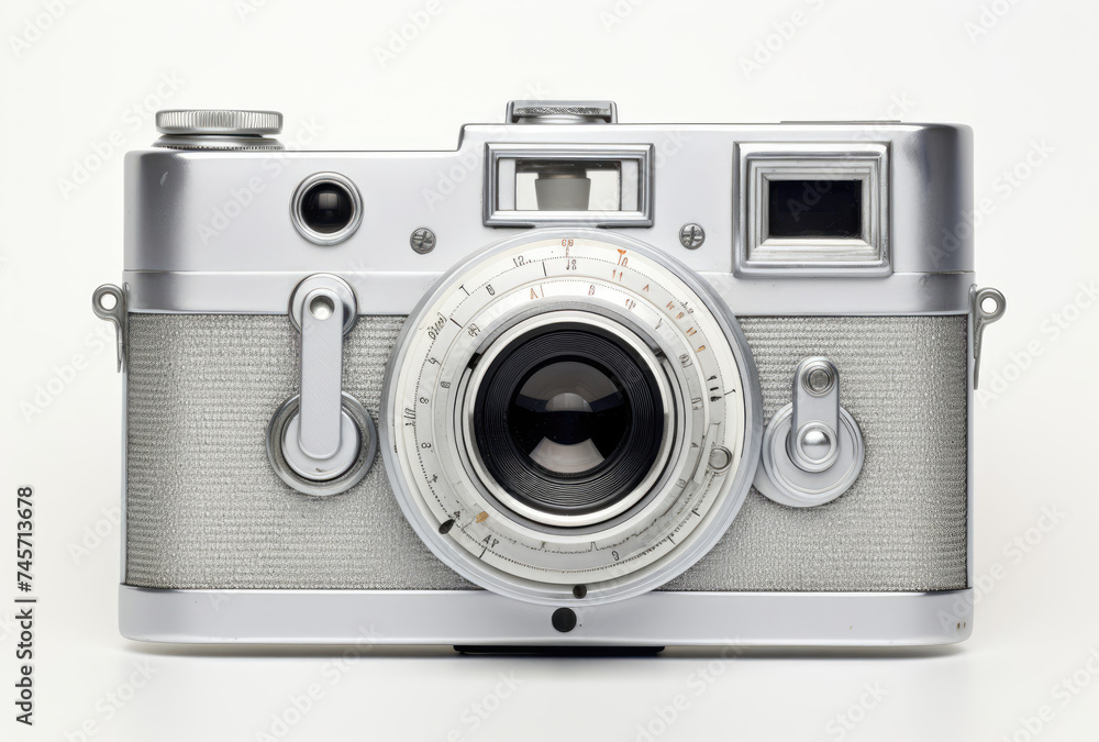 Silver Camera Against White Background