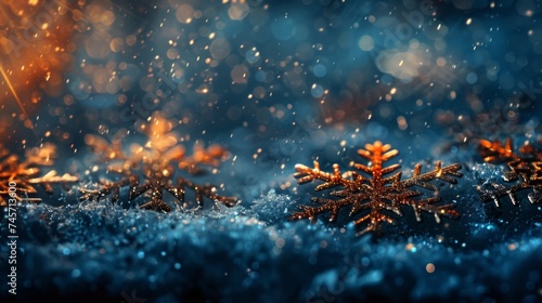 Golden snowflakes glittering on a textured snowy blue background with festive bokeh.