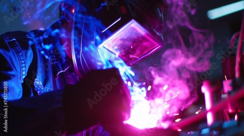 Welder performing precision metalwork, emitting vibrant blue and purple sparks under protective gear.