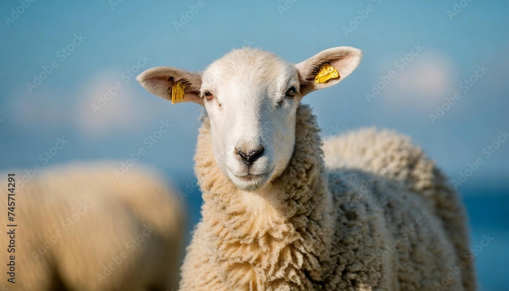 Obraz premium White fluffy sheep looking at camera. Young domestic animal.