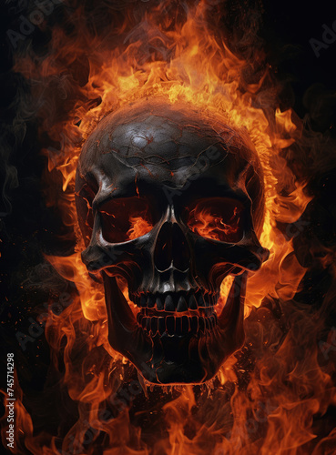 Skull Engulfed in Flames on Black Background