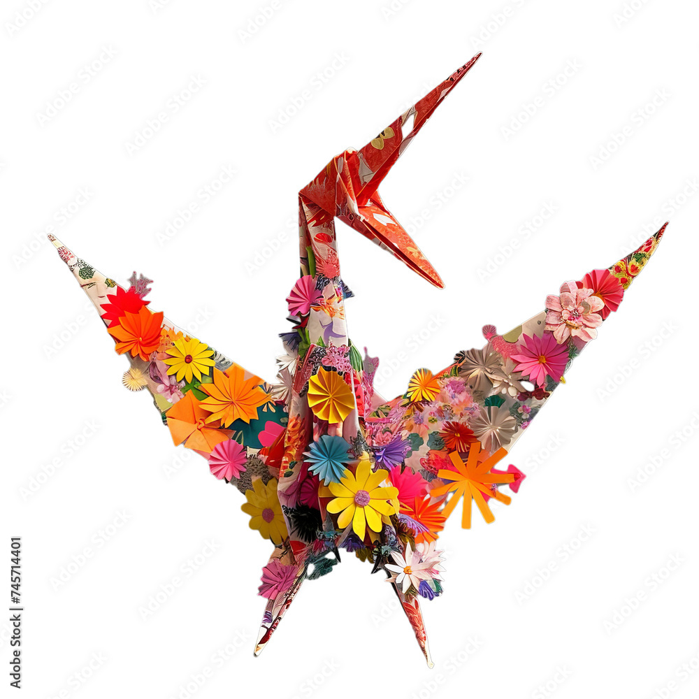 Fototapeta premium colorful origami crane adorned with tiny paper flower isolated on transparent background, png