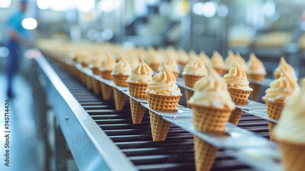 cones with ice cream on a conveyor belt close-up cones with ice cream on a conveyor belt close-up