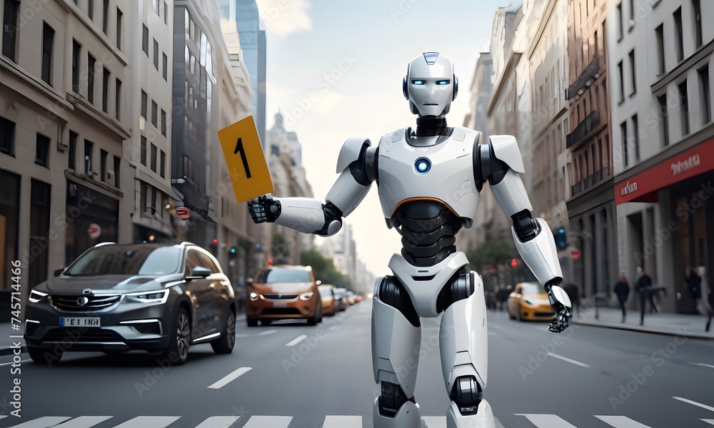 A humanoid robot stands holding a blank sign amidst a bustling city street, potentially advocating for artificial intelligence rights or technology awareness. A humanoid robot stands holding a blank sign amidst a bustling city street, potentially advocating for artificial intelligence rights or technology awareness.